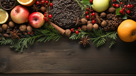 Top view of festive Christmas fruits and spices on wooden backgroundの素材