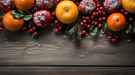 Top view of festive Christmas fruits and spices on wooden backgroundの素材