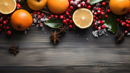 Top view of festive Christmas fruits and spices on wooden backgroundの素材