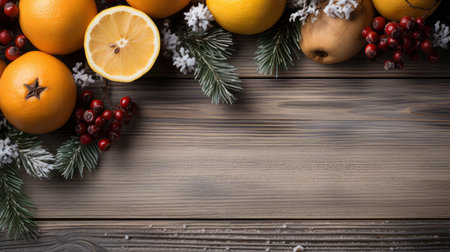 Top view of festive Christmas fruits and spices on wooden backgroundの素材