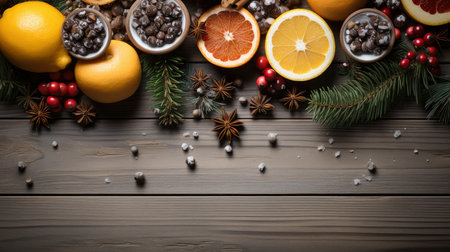 Top view of festive Christmas fruits and spices on wooden backgroundの素材