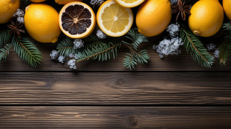 Top view of festive Christmas fruits and spices on wooden backgroundの素材