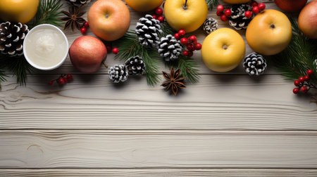 Top view of festive Christmas fruits and spices on wooden backgroundの素材