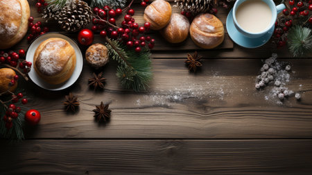 Top view of festive Christmas fruits and spices on wooden backgroundの素材