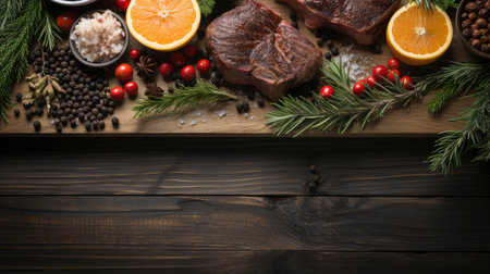 Top view of festive Christmas fruits and spices on wooden backgroundの素材