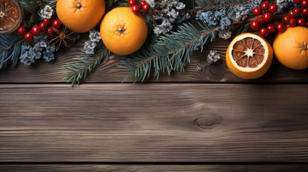 Top view of festive Christmas fruits and spices on wooden backgroundの素材