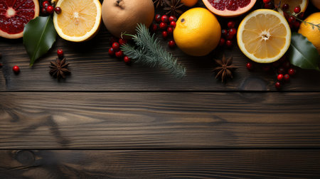 Top view of festive Christmas fruits and spices on wooden backgroundの素材