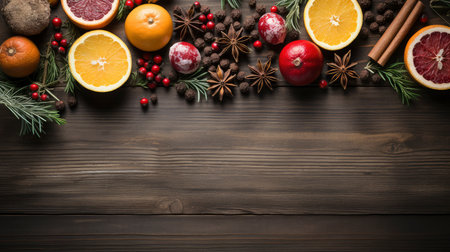 Top view of festive Christmas fruits and spices on wooden backgroundの素材