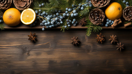 Top view of festive Christmas fruits and spices on wooden backgroundの素材