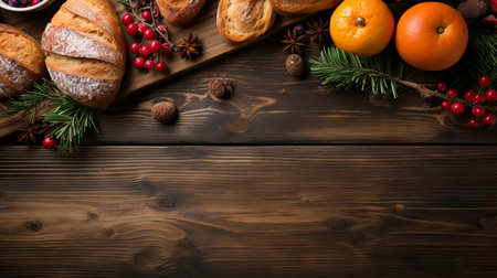 Top view of festive Christmas fruits and spices on wooden backgroundの素材