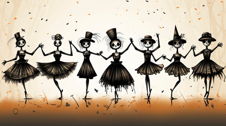 Silhouettes of skeletons in dance poses with festive attireの素材