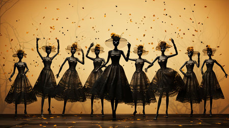 Silhouettes of skeletons in dance poses with festive attireの素材