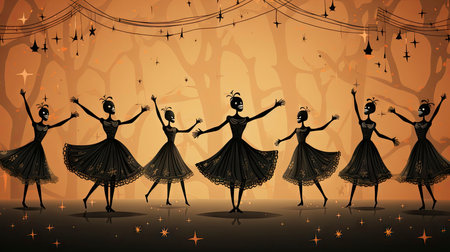 Silhouettes of skeletons in dance poses with festive attireの素材