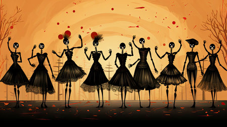 Silhouettes of skeletons in dance poses with festive attireの素材