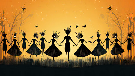 Silhouettes of skeletons in dance poses with festive attireの素材