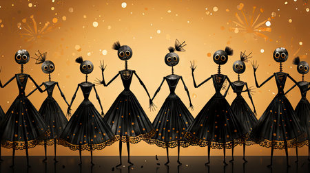 Silhouettes of skeletons in dance poses with festive attireの素材