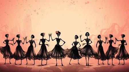 Silhouettes of skeletons in dance poses with festive attireの素材