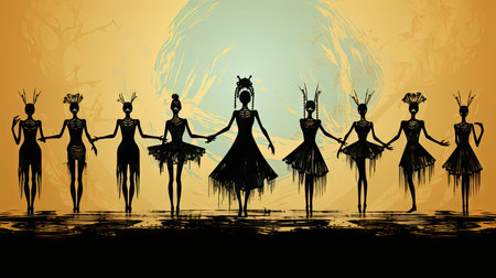 Silhouettes of skeletons in dance poses with festive attireの素材