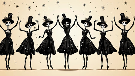 Silhouettes of skeletons in dance poses with festive attireの素材