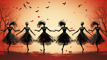 Silhouettes of skeletons in dance poses with festive attireの素材
