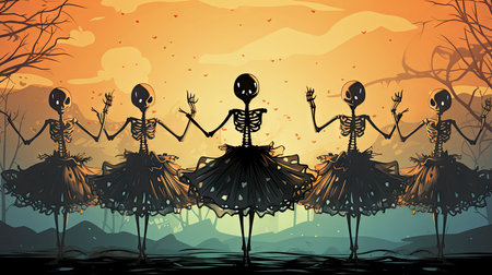 Silhouettes of skeletons in dance poses with festive attireの素材