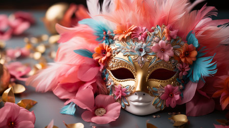 Colorful Venetian masks with feathers on a dark wooden backgroundの素材