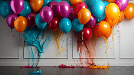 Festive balloons with vibrant ribbons and confetti on a textured backgroundの素材