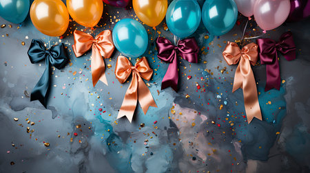 Festive balloons with vibrant ribbons and confetti on a textured backgroundの素材