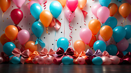 Festive balloons with vibrant ribbons and confetti on a textured backgroundの素材