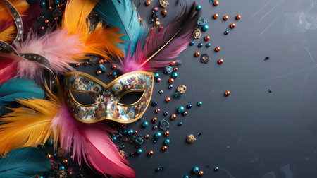 Colorful Venetian masks with feathers on a dark wooden backgroundの素材