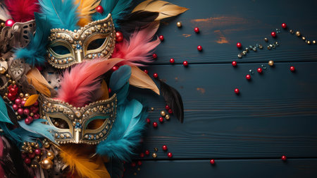 Colorful Venetian masks with feathers on a dark wooden backgroundの素材