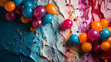 Festive balloons with vibrant ribbons and confetti on a textured backgroundの素材