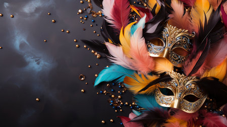 Colorful Venetian masks with feathers on a dark wooden backgroundの素材