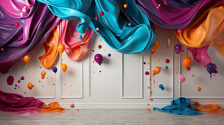 Festive balloons with vibrant ribbons and confetti on a textured backgroundの素材