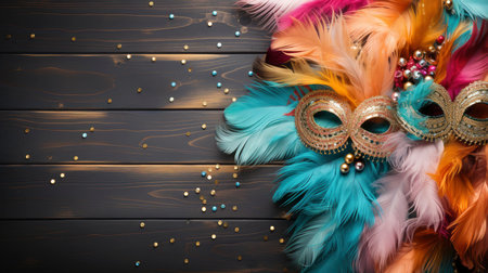 Colorful Venetian masks with feathers on a dark wooden backgroundの素材