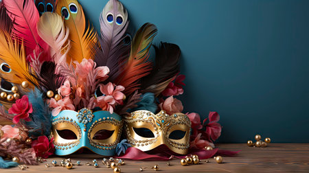 Colorful Venetian masks with feathers on a dark wooden backgroundの素材