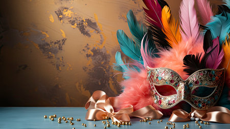 Colorful Venetian masks with feathers on a dark wooden backgroundの素材