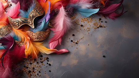 Festive balloons with vibrant ribbons and confetti on a textured backgroundの素材