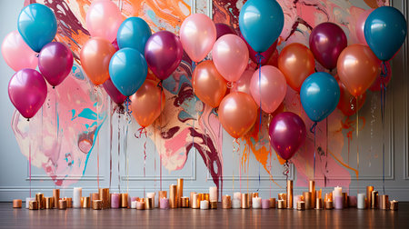 Festive balloons with vibrant ribbons and confetti on a textured backgroundの素材