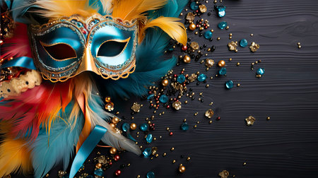 Colorful Venetian masks with feathers on a dark wooden backgroundの素材