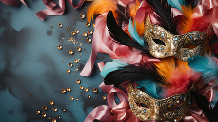 Colorful Venetian masks with feathers on a dark wooden backgroundの素材