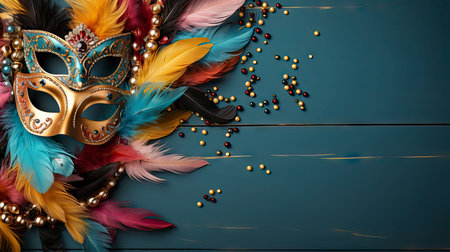 Colorful Venetian masks with feathers on a dark wooden backgroundの素材