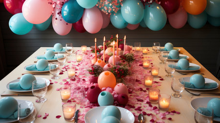 Festive balloons with vibrant ribbons and confetti on a textured backgroundの素材
