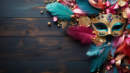 Colorful Venetian masks with feathers on a dark wooden backgroundの素材