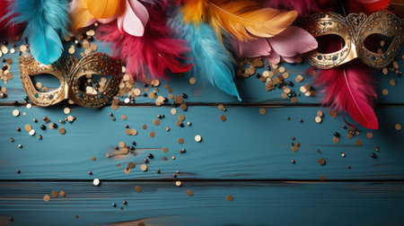 Colorful Venetian masks with feathers on a dark wooden backgroundの素材