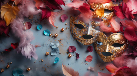 Colorful Venetian masks with feathers on a dark wooden backgroundの素材