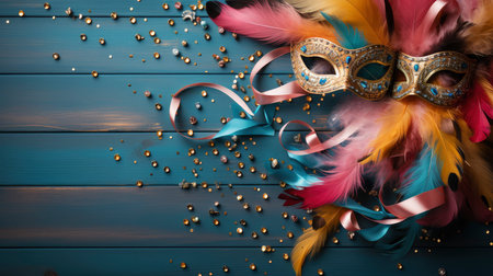 Colorful Venetian masks with feathers on a dark wooden backgroundの素材