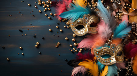 Colorful Venetian masks with feathers on a dark wooden backgroundの素材
