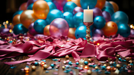 Festive balloons with vibrant ribbons and confetti on a textured backgroundの素材