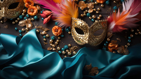 Colorful Venetian masks with feathers on a dark wooden backgroundの素材